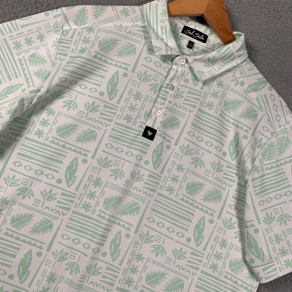 Bad Birdie Palm Springs Polo Shirt Mens Large White Green Geometric Performance